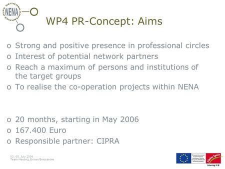 03.-05. July 2006 Team Meeting, Brixen/Bressanone WP4 PR-Concept: Aims oStrong and positive presence in professional circles oInterest of potential network.