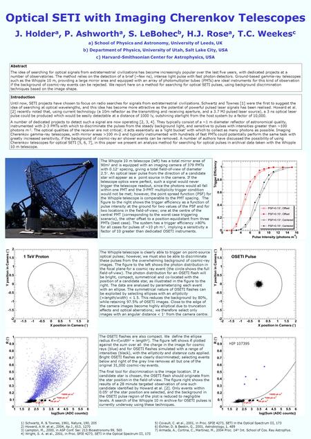 Optical SETI with Imaging Cherenkov Telescopes J. Holder a, P. Ashworth a, S. LeBohec b, H.J. Rose a, T.C. Weekes c a) School of Physics and Astronomy,