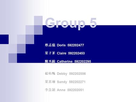 Group 5 蔡孟儒 Doris 592202477 葉子菲 Claire 592202453 陳秀綿 Catherine 592202295 楊侑甄 Debby 592202556 葉思琳 Sandy 592202271 李念穎 Anne 592202051.