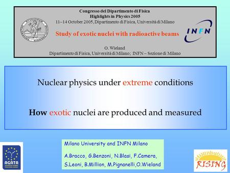 Congresso del Dipartimento di Fisica Highlights in Physics 2005 11–14 October 2005, Dipartimento di Fisica, Università di Milano Study of exotic nuclei.