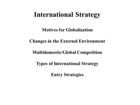 International Strategy Motives for Globalization Changes in the External Environment Multidomestic/Global Competition Types of International Strategy Entry.