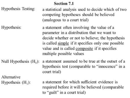 Section 7.1 Hypothesis Testing: Hypothesis: Null Hypothesis (H 0 ): Alternative Hypothesis (H 1 ): a statistical analysis used to decide which of two competing.