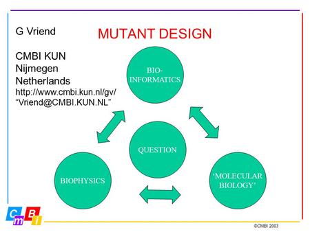 ©CMBI 2003 MUTANT DESIGN BIO- INFORMATICS QUESTION ‘MOLECULAR BIOLOGY’ BIOPHYSICS G Vriend CMBI KUN Nijmegen Netherlands