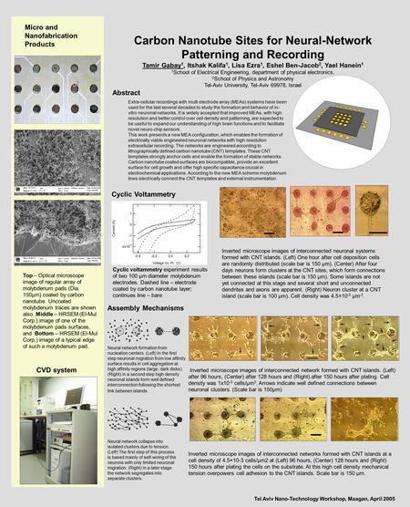 Carbon Nanotube Sites for Neural-Network Patterning and Recording Tamir Gabay 1, Itshak Kalifa 1, Lisa Ezra 1, Eshel Ben-Jacob 2, Yael Hanein 1 1 School.