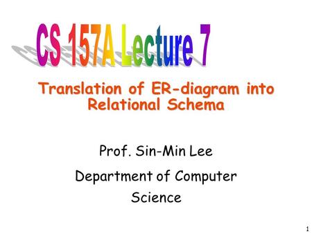 1 Translation of ER-diagram into Relational Schema Prof. Sin-Min Lee Department of Computer Science.