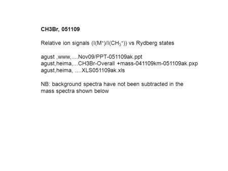 CH3Br, 051109 Relative ion signals (I(M + )/I(CH 3 + )) vs Rydberg states agust,www,....Nov09/PPT-051109ak.ppt agust,heima,...CH3Br-Overall +mass-041109km-051109ak.pxp.