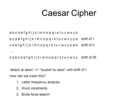 Caesar Cipher a b c d e f g h I j k l m n o p q r s t u v w x y z b c d e f g h I j k l m n o p q r s t u v w x y z a shift of 1 c d e f g h I j k l m.