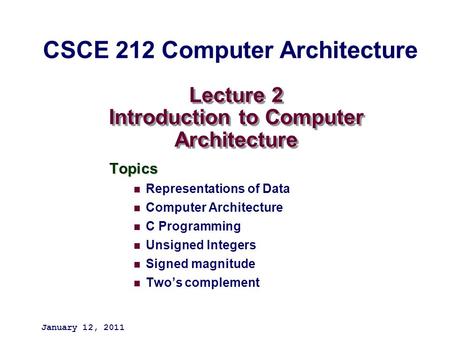 Lecture 2 Introduction to Computer Architecture Topics Representations of Data Computer Architecture C Programming Unsigned Integers Signed magnitude Two’s.