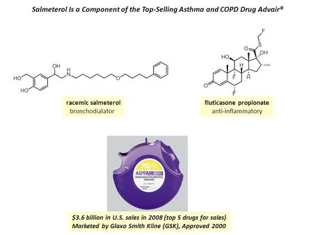 Salmeterol Is a Component of the Top-Selling Asthma and COPD Drug Advair® racemic salmeterol bronchodialator fluticasone propionate anti-inflammatory $3.6.