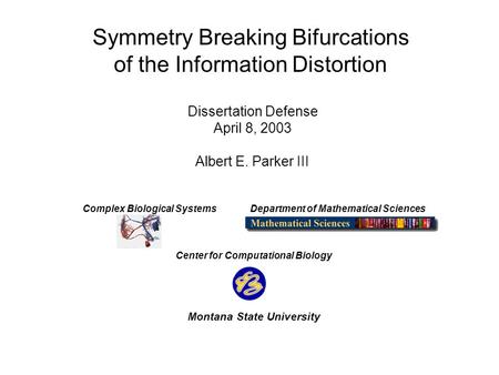 Symmetry Breaking Bifurcations of the Information Distortion Dissertation Defense April 8, 2003 Albert E. Parker III Complex Biological Systems Department.