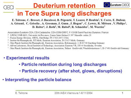 1E. Tsitrone20th IAEA Vilamoura 1-6/11/2004 Euratom Deuterium retention in Tore Supra long discharges Interpreting the particle balance Particle retention.