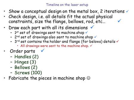 Timeline on the laser setup Show a conceptual design on the metal box, 2 iterations Check design, i.e. all details fit the actual physical constraints,