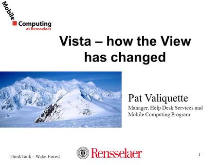 ThinkTank – Wake Forest 1 Vista – how the View has changed Pat Valiquette Manager, Help Desk Services and Mobile Computing Program.