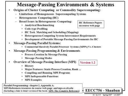 EECC756 - Shaaban #1 lec # 5 Spring 2007 4-3-2007 Message-Passing Environments & Systems Origins of Cluster Computing or Commodity Supercomputing: –Limitations.