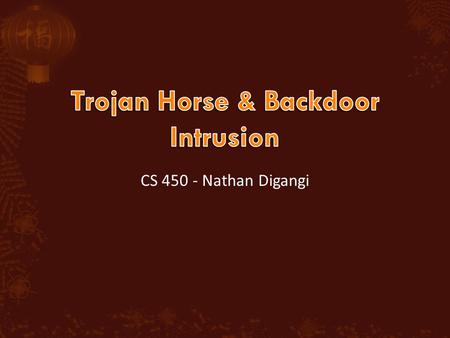 CS 450 - Nathan Digangi.  Secret, undocumented routine embedded within a useful program  Execution of the program results in execution of secret code.