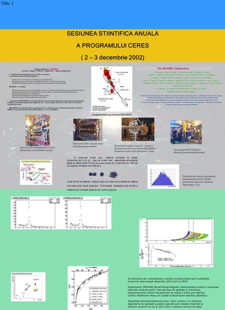 Titlu 1 SESIUNEA STIINTIFICA ANUALA A PROGRAMULUI CERES ( 2 – 3 decembrie 2002) Experimentul BRAHMS Broad Range Hadron Magnetic Spectrometers Colaborare.