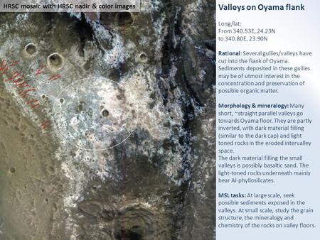 Valleys on Oyama flank Long/lat: From 340.53E, 24.23N to 340.80E, 23.90N Rational: Several gullies/valleys have cut into the flank of Oyama. Sediments.