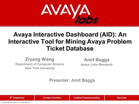 Copyright© 2003 Avaya Inc. All rights reserved Avaya Interactive Dashboard (AID): An Interactive Tool for Mining Avaya Problem Ticket Database Ziyang Wang.