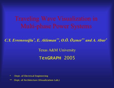 Traveling Wave Visualization in Multi-phase Power Systems C.Y. Evrenosoğlu *, E. Akleman **, O.Ö. Özener ** and A. Abur * Texas A&M University TexGRAPH.