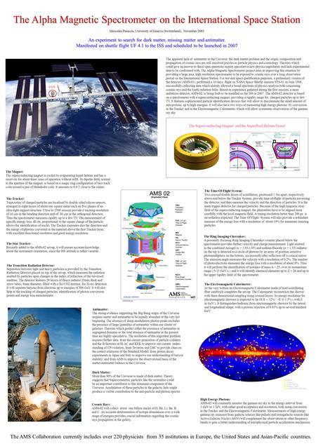 The Alpha Magnetic Spectrometer on the International Space Station Mercedes Paniccia, University of Geneva (Switzerland), November 2003 An experiment to.