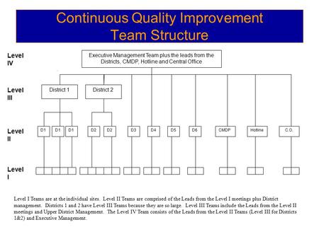 Continuous Quality Improvement Team Structure Level III Level II Level I Level IV Executive Management Team plus the leads from the Districts, CMDP, Hotline.