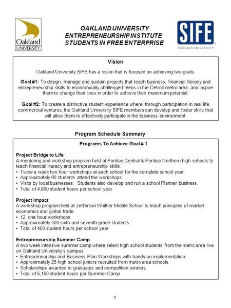 OAKLAND UNIVERSITY ENTREPRENEURSHIP INSTITUTE STUDENTS IN FREE ENTERPRISE Vision Oakland University SIFE has a vision that is focused on achieving two.