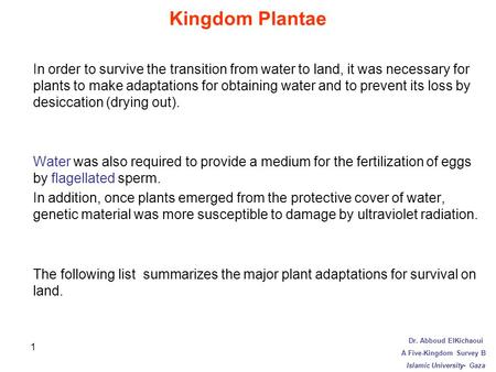 1 Kingdom Plantae In order to survive the transition from water to land, it was necessary for plants to make adaptations for obtaining water and to prevent.