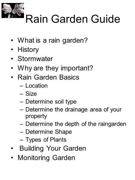 Rain Garden Guide What is a rain garden? History Stormwater Why are they important? Rain Garden Basics –Location –Size –Determine soil type –Determine.