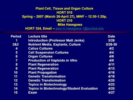 Plant Cell, Tissue and Organ Culture HORT 515 Spring – 2007 (March 26-April 27), MWF – 12:30-1:20p, HORT 210 Mike Hasegawa HORT 324,  –