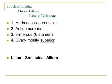 Subclass: Liliidae Order: Liliales Family: Liliaceae