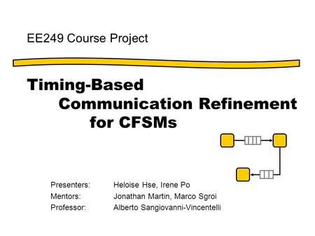 Timing-Based Communication Refinement for CFSMs Presenters:Heloise Hse, Irene Po Mentors:Jonathan Martin, Marco Sgroi Professor:Alberto Sangiovanni-Vincentelli.