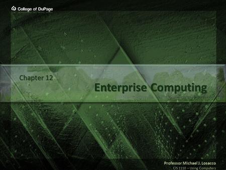 Professor Michael J. Losacco CIS 1110 – Using Computers Enterprise Computing Chapter 12.