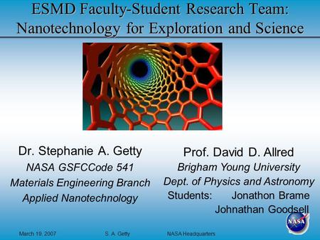 March 19, 2007S. A. Getty NASA Headquarters ESMD Faculty-Student Research Team: Nanotechnology for Exploration and Science Dr. Stephanie A. Getty NASA.