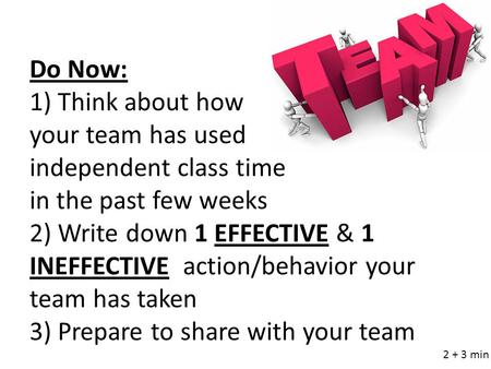 Do Now: 1) Think about how your team has used independent class time in the past few weeks 2) Write down 1 EFFECTIVE & 1 INEFFECTIVE action/behavior your.