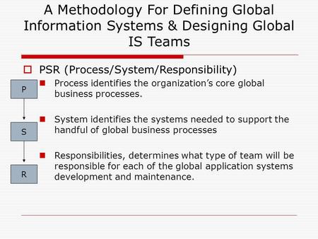 A Methodology For Defining Global Information Systems & Designing Global IS Teams  PSR (Process/System/Responsibility) Process identifies the organization’s.