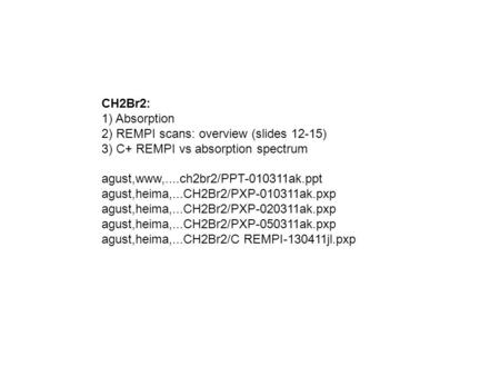 CH2Br2: 1) Absorption 2) REMPI scans: overview (slides 12-15) 3) C+ REMPI vs absorption spectrum agust,www,....ch2br2/PPT-010311ak.ppt agust,heima,...CH2Br2/PXP-010311ak.pxp.