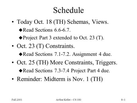 Fall 2001Arthur Keller – CS 1808–1 Schedule Today Oct. 18 (TH) Schemas, Views. u Read Sections 6.6-6.7. u Project Part 3 extended to Oct. 23 (T). Oct.