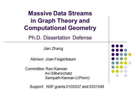 Massive Data Streams in Graph Theory and Computational Geometry Ph.D. Dissertation Defense Jian Zhang Advisor: Joan Feigenbaum Committee: Ravi Kannan Avi.