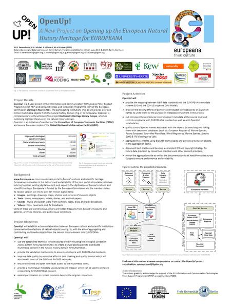 OpenUp! A New Project on Opening up the European Natural History Heritage for EUROPEANA W. G. Berendsohn, A. K. Michel, A. Güntsch, W.-H. Kusber (2011)