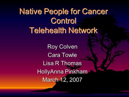 Native People for Cancer Control Telehealth Network Roy Colven Cara Towle Lisa R Thomas HollyAnna Pinkham March 12, 2007.