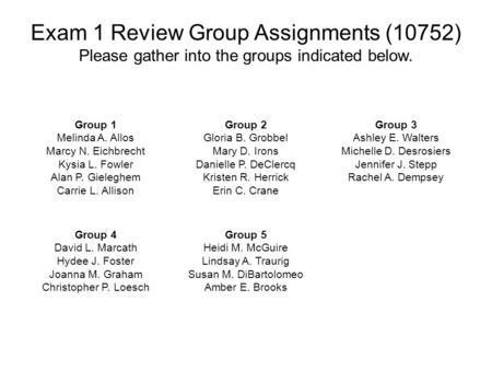 Group 1 Melinda A. Allos Marcy N. Eichbrecht Kysia L. Fowler Alan P. Gieleghem Carrie L. Allison Group 2 Gloria B. Grobbel Mary D. Irons Danielle P. DeClercq.