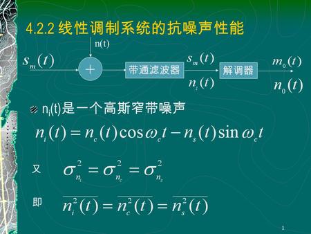 1 4.2.2 线性调制系统的抗噪声性能 n i (t) 是一个高斯窄带噪声 + 带通滤波器 解调器 n(t) 又 即.