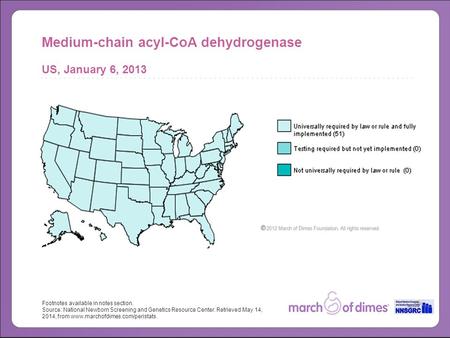 Footnotes available in notes section. Source: National Newborn Screening and Genetics Resource Center. Retrieved May 14, 2014, from www.marchofdimes.com/peristats.