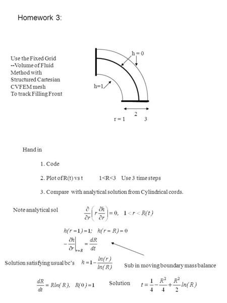 Homework 3: Use the Fixed Grid --Volume of Fluid Method with Structured Cartesian CVFEM mesh To track Filling Front h=1 h = 0 2 r = 1 3 Hand in 1. Code.