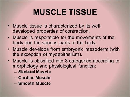 MUSCLE TISSUE Muscle tissue is characterized by its well-developed properties of contraction.   Muscle is responsible for the movements of the body and.