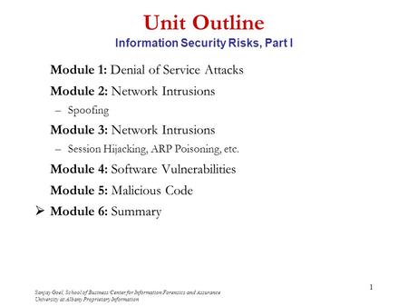 Sanjay Goel, School of Business/Center for Information Forensics and Assurance University at Albany Proprietary Information 1 Unit Outline Information.