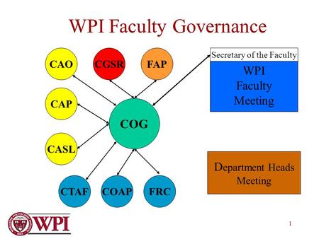 1 WPI Faculty Governance COG CAO CAP CASL CGSR CTAFCOAPFRC FAP WPI Faculty Meeting D epartment Heads Meeting Secretary of the Faculty.