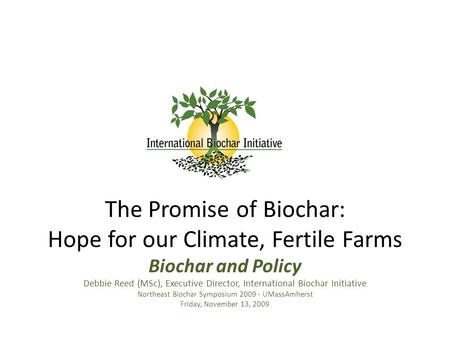 The Promise of Biochar: Hope for our Climate, Fertile Farms Biochar and Policy Debbie Reed (MSc), Executive Director, International Biochar Initiative.