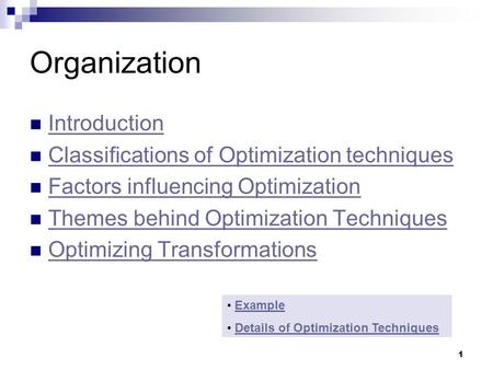 Organization Introduction Classifications of Optimization techniques