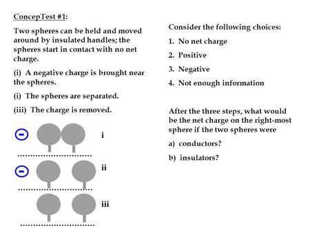 I ii iii ConcepTest #1: Two spheres can be held and moved around by insulated handles; the spheres start in contact with no net charge. (i) A negative.